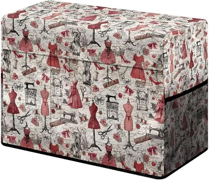 Retro Sewing Elements Sewing Machine Cover with Storage Pocket, 17.7 x 8.6 x 12.6 inches, Heavy-Duty Water-Resistant Fabric, Dust & Pet Hair Protection, Fits Brother, Singer, Janome