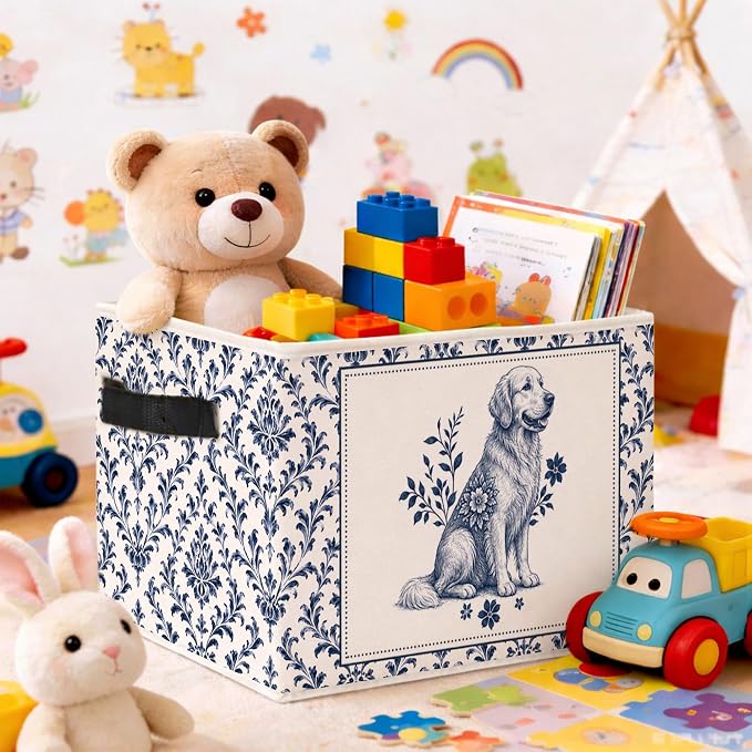 Blue Floral Golden Retriever Storage Bin, Fabric Organizer | Blue floral golden retriever storage bin for toys, books, clothes, pet supplies, shelves, closets, nurseries, and rooms.