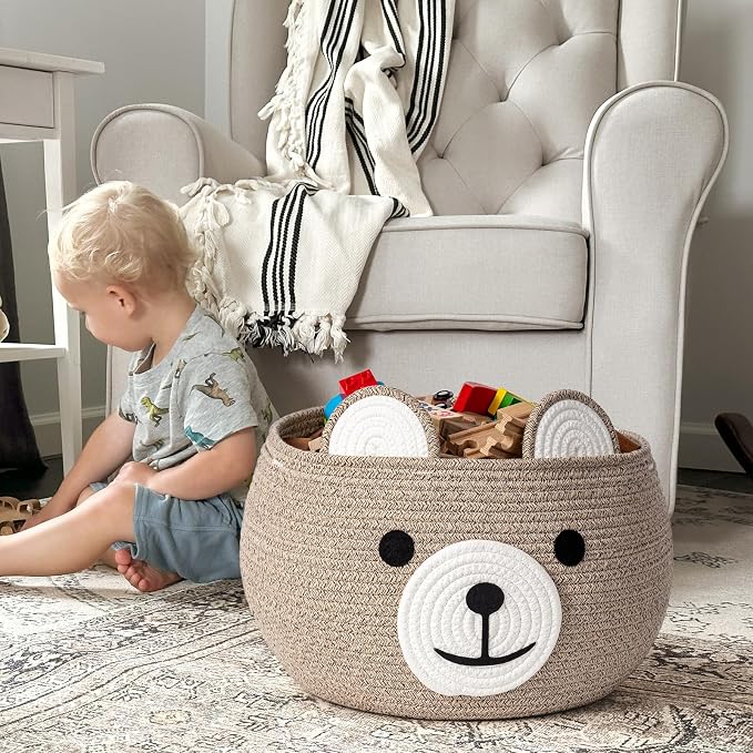 CherryNow Large Baby Basket for Gifts Empty, Cute Bear Design, Light Brown | 15.7" x 10.5" Baby Shower Basket for Kids Boys Newborn Storage, Woven Rope Toy Basket, Fits Living Room Nursery Décor