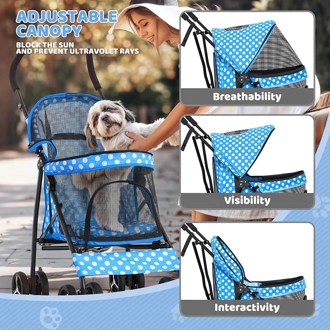Magshion Compact Fold Pet Travel Stroller for Small Dogs Cats | Up to 22lbs, 4-Wheel Lightweight Umbrella Shaped Design, Safety Tethers, Breathable Mesh, Cup Holder & Rear Storage