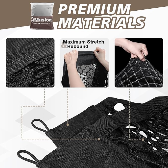 Muslogy Cargo Net for 2023 2024 2025 2026 Kia Sportage Accessories | Custom Fit, Trunk Storage Organizer Net for SUV Sedan Van Divider, with Heavy Duty Carabiners, Night Visible Grab Handle