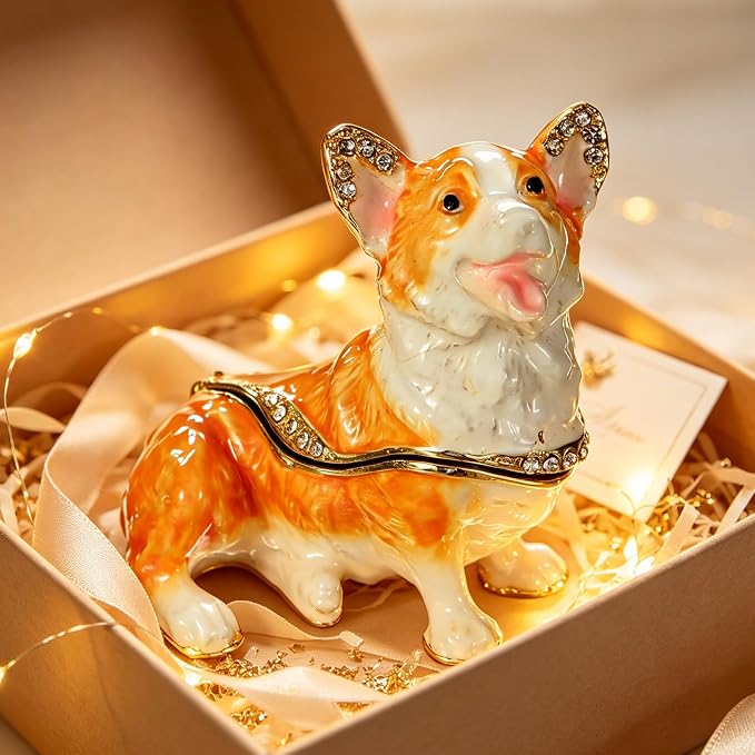 Hand Painted Rhinestone Welsh Corgi Enamel Trinket Box, Hinged Metal Vintage Jewelry Organizer