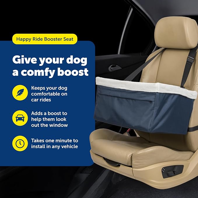 PetSafe Happy Ride Dog Booster Seat, Navy Blue, Up to 25 Lb | Raises Small Dogs to Window Height In Most Cars, Connects to Seatbelt with Safety Tether, Fleece Liner Is Machine Washable