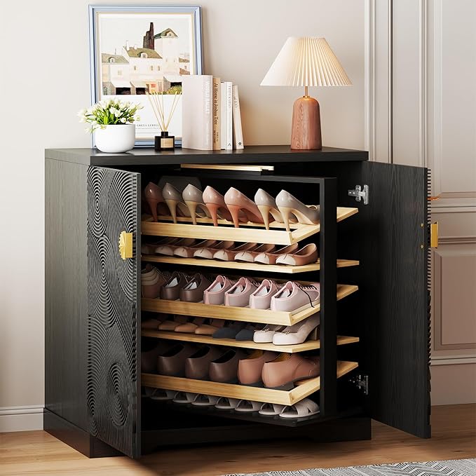 Vlsrka Shoe Storage Cabinet with Doors and 6 Tier Rotating Shelves, Black | Suitable for 18 Pairs Shoe Organizer, Freestanding, Pull Out Shoe Rack, Wooden Entryway Cabinet for Hallway, Closet, Indoor