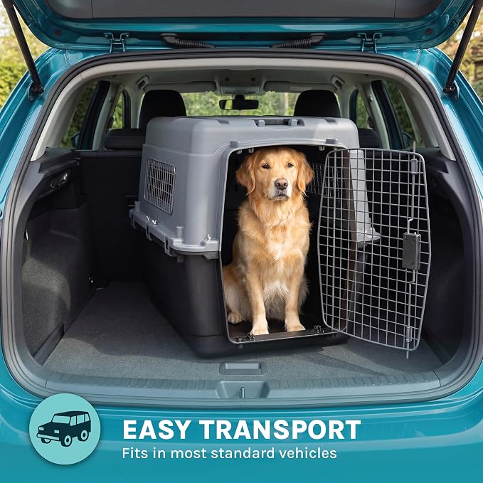 SportPet Airline Compliant X-LARGE 35.5" Travel Dog Kennel-Durable Plastic Airline Pet Carrier w/Removable Wheels & Food Bowls, Collapsible Indoor/Outdoor Dog Kennel, Dogs up to 32"L & 23"H-Dark Gray