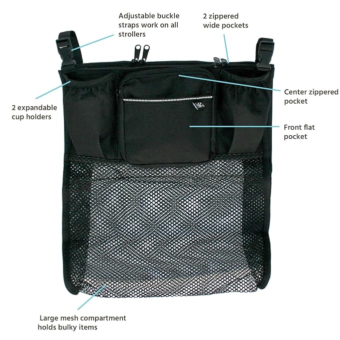 J.L. Childress Universal Cups N Cargo Stroller Organizer & Caddy, Black | Essential baby travel accessory with cup holders, large mesh storage pocket & zipper pocket fits UPPAbaby, Doona, Nuna & More
