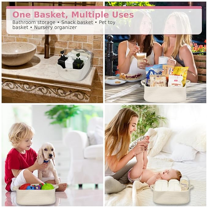 XUANGUO Medium Woven Cotton Rope Storage Basket with Handles, White | Small decorative rectangle storage bin for baby nursery items and cat toys; ideal as an empty gift basket or dog toy basket