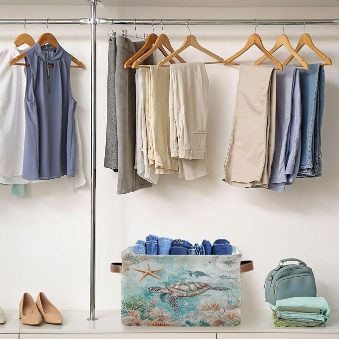 Sea Turtle Storage Basket Fabric Storage Bin Nautical theme Baskets Coastal Starfish Foldable Storage Boxes Organizer Bag for Baby Cloth Dog Toy Book Storage Cubes Shelf Closet Basket 16×12×8 Inches