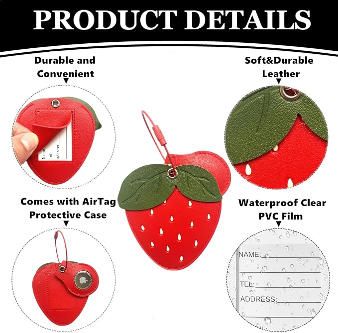 PU Leather Luggage Tag with Airtag Holder Case Set and Name ID Label | Hidden Compartment for AirTag Travel Suitcase Tracking Case with Stainless Steel Loop,Cute Fruit Plant Styles,Strawberry