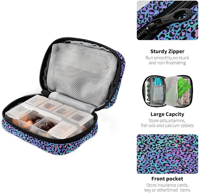 Colorful Cute Leopard Print Pill Case, Portable Weekly Pill Box Bag Container 7 Days Pill Organizer Vitamin Supplement Holder with Zipper for Travel Family Business