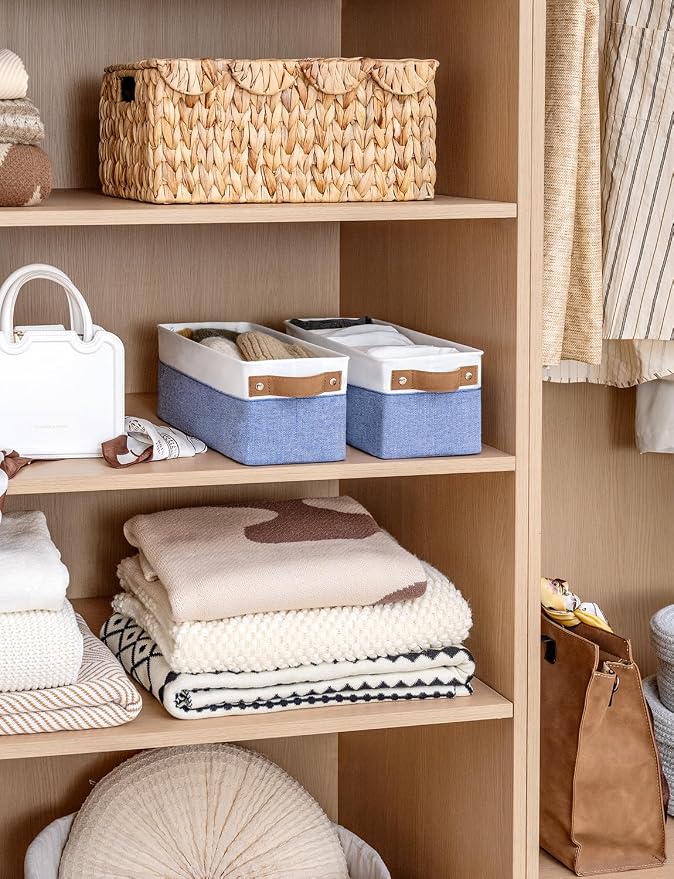 StorageWorks Narrow Storage Bins, Small Basket, Blue and White, 2-Pack | With Metal Frame, Reinforced Handles, Sturdy Structure, For Bathroom, Closet, Shelf, Storage Makeup, Socks, Underwear