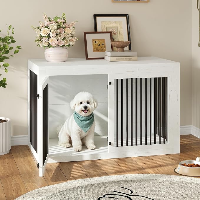 AMERLIFE Dog Crate Furniture for Medium/Large Dogs with Storage and Divider | 3-in-1 Corner Dog Kennel, Space-Saving Heavy Duty Large Cage, White