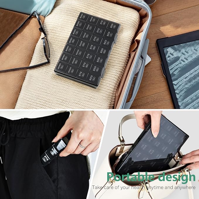 MOLN HYMY Cute Pill Organizer 4 Times a Day, Daily Pill Box 7 Day, 28 compartments, Portable, Travel Friendly Medicine Planner for Vitamins/Fish Oils/Medication/Supplements (Black, Small)
