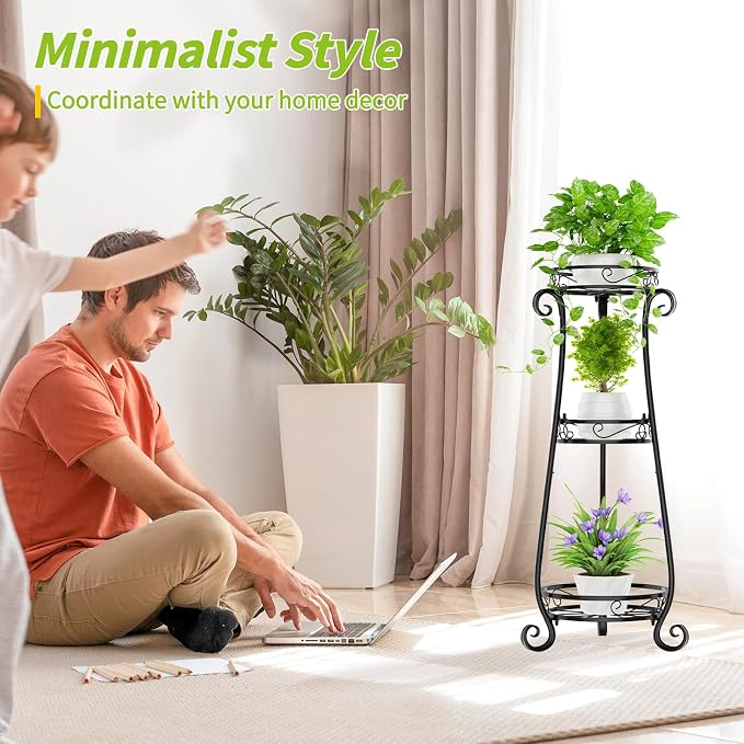 KMOTASUO 3 Tier Metal Plant Stand Tall for Indoor Outdoor Corner, Black | Heavy Duty Flower Holder Rack, Modern Vertical Iron Shelf for Patio Bathroom Office Garden