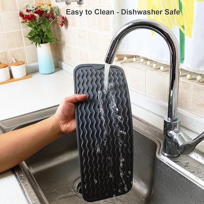 ZLR Small Dish Drying Mat for Kitchen Counter, 6"x17", 2-Pack, Dark Gray | Narrow Silicone Drainer for Apartment, Dorm & RV, Wavy Ridges Quick-Dry, Non-Slip, Rolls Up, Dishwasher Safe