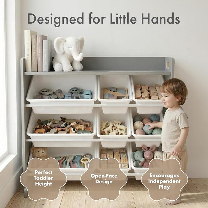 Humble Crew Kids Toy Organizer with Display Shelf, 9 Bins, 3 Tier Storage | Sturdy wood and steel toddler shelf, removable BPA-free containers, wall anchor anti-tip safety kit for bedroom or classroom