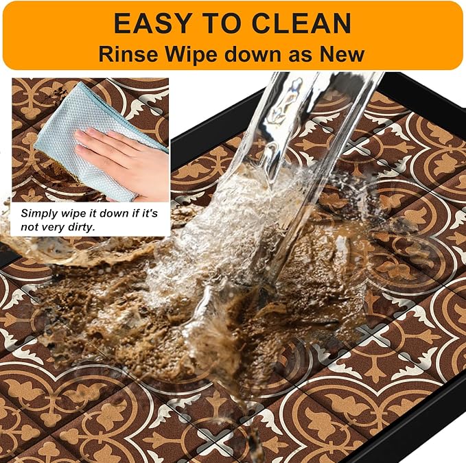 BEHERO Boot Tray Shoe Mat Decorative Patterned, Rubber Boot Matt Tray Indoor and Outdoor Use, 16" x27.5" Shoe Cleaning Mat Non-Slip, Shoe Storage Waterproof with Artistic Prints for Entryway(Brown)