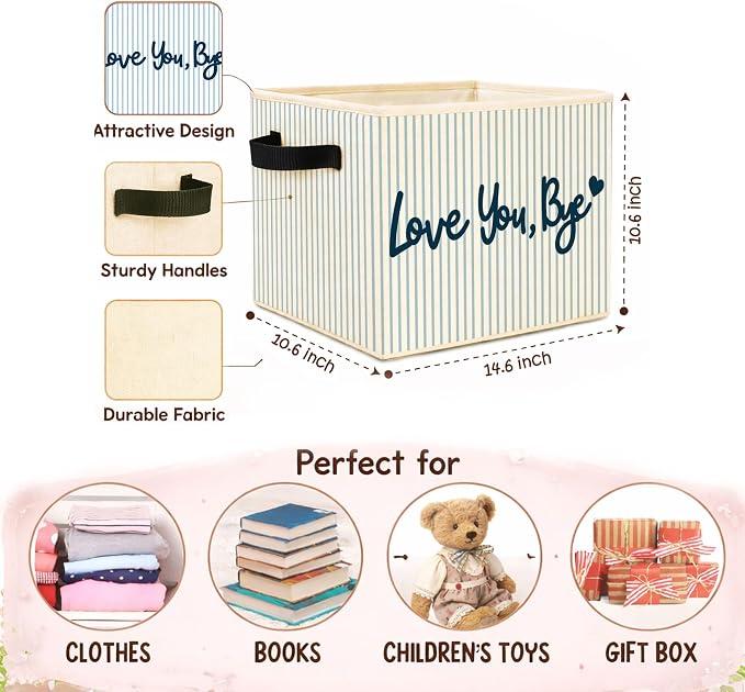 Love You Bye Storage Bin, Blue White Stripe Fabric Basket Organizer | Foldable collapsible fabric organizer for dorm room, girls room, bedroom, nursery, toys, books, clothes