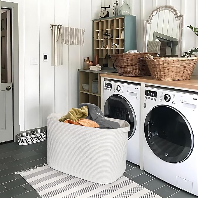 108L Extra Large Storage Basket, 25" x 16" x 16" White Blanket Basket Living Room, Oversized Cotton Rope Blanket Storage, Woven Kids Dog Toy Bin Box Organizer, Laundry Shoes Towel Bin, White