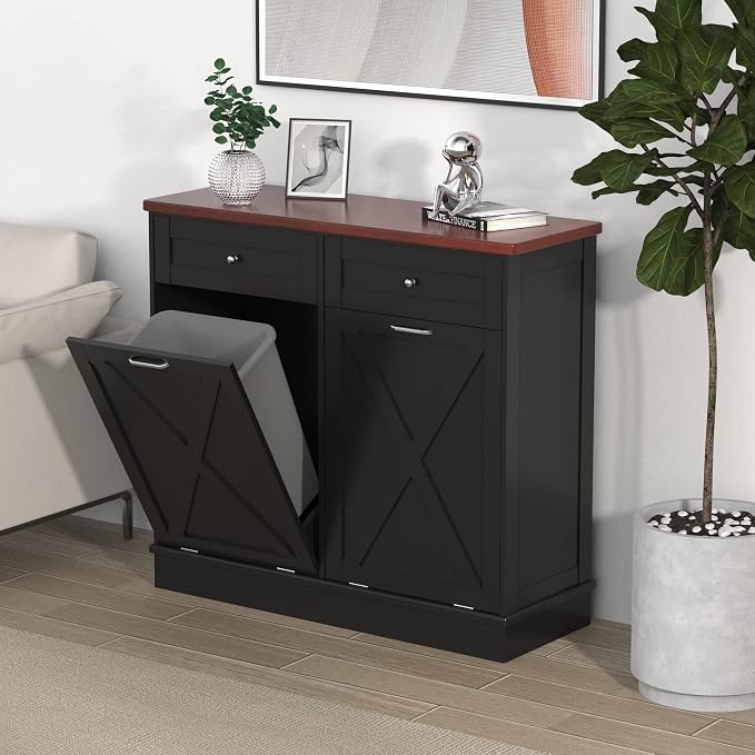TOLEAD Double Tilt Out Trash Can Cabinet 2 x 10 Gallon Wooden Hidden Trash Cabinet with Barn Door & Solid Wood Top, Farmhouse Kitchen Garbage Bin Enclosure, Pet Proof Odor Blocking for Kitchen, Black
