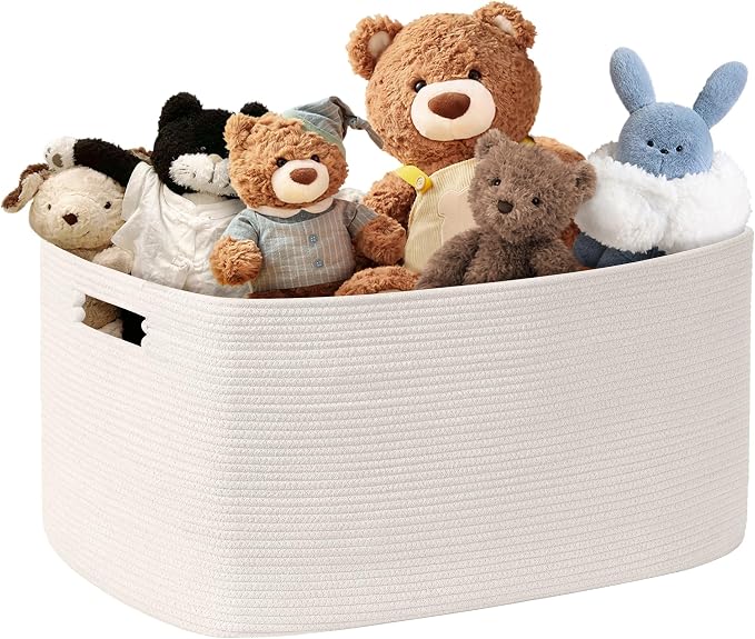 60L Woven Laundry Basket Hamper with Handles, White | collapsible wicker hamper, storage for dirty clothes, toys, blankets, gifts, living room, bedroom, bathroom, 21"x15"x11"
