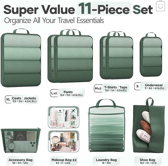 Veken 11 Set Compression Packing Cubes Garment Bags for Travel Essentials,Compressible Expandable Luggage Organizer Bags for Clothing,Space Saver Bags with Over 1000 pcs of Mesh Holes(Dark Green)