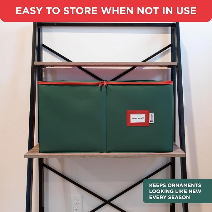 Christmas Ornament Storage Container with Dividers - Box Stores Up to 54 Ornaments, Zippered, Convenient, Adjustable, Large Organizer Bin to Protect Holiday Décor, Fits Most Standard Size, Green
