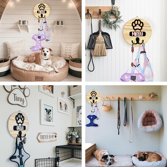 Dog Leash Holder Wall Mount, Personalized Pet Harness Hanger Paw Print Hook, Hook for Dog, Cat, Key Rack Wall Organizer, Cat Collar Organizer for Entryway, Memorial Gifts for Pet Lover