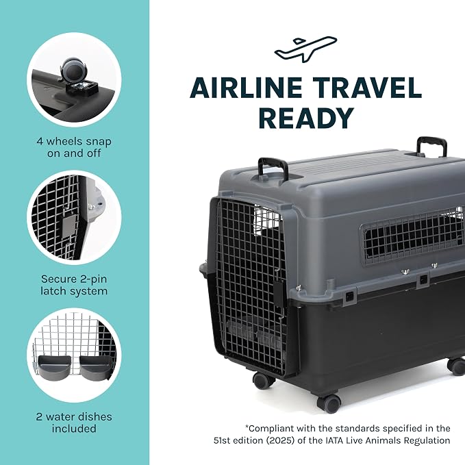 SportPet Airline Compliant LARGE 31.5" Travel Dog Kennel- Durable Plastic Airline Pet Carrier w/ Removable Wheels & Food Bowls, Collapsible Indoor/Outdoor Dog Kennel, Dogs up to 28"L & 20"H-Dark Gray