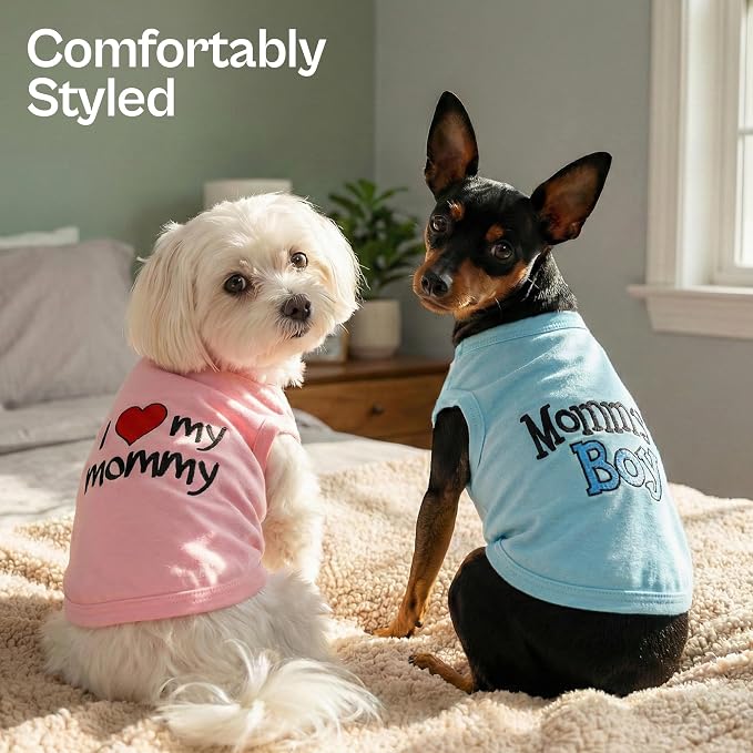 Parisian Pet 2 Pack Dog Shirts – 100% Cotton Shirts for Small Dogs Boys – Sleeveless Mommy’s Love Dog Clothes – Breathable and Lightweight Pet Apparel - Stretchy Summer T Shirts for Dogs
