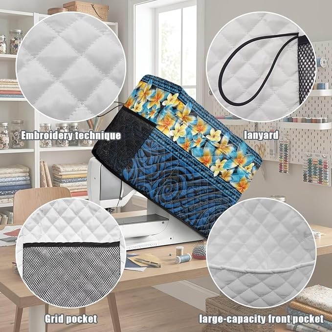 Sewing Machine Cover Polyester Febric Tribal Tattoo Plumeria Print | Dust Pet Hair Protection,Quilting Design,Fits Standard Singer,Brother Janome Machines,Protecting Decorating Your Sewing Space