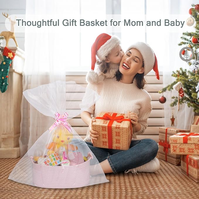 COMSE Small Gift Basket Empty with Bag & Ribbons, Solid Light Pink | Cotton Rope, 12"x 8"x 5", Pet Toy Storage Organizer, Woven Basket for Birthdays, Baby Showers, Mother’s Day, Valentine’s Day