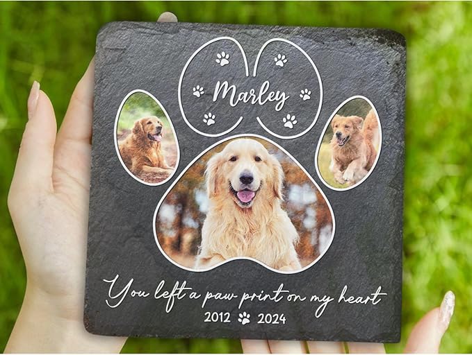 Wrappiness Pet Memorial Stone - You Left A Paw Print On My Heart, Personalized Dog Memorial Gifts, Remembrance Condolences Bereavement Gifts for Loss of Pet Custom Photo (Square 03, Stone)