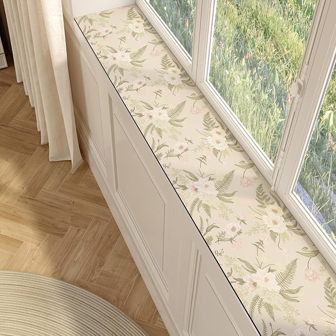 Cut-to-fit Narrow Window Sill Mat,Absorbent Window Sill Cushion Pad Non-Slip Backing,Customizable Decorative Window Sill Protector Cover for Dog Cat Pets(39" L x 6" W, Flower H)