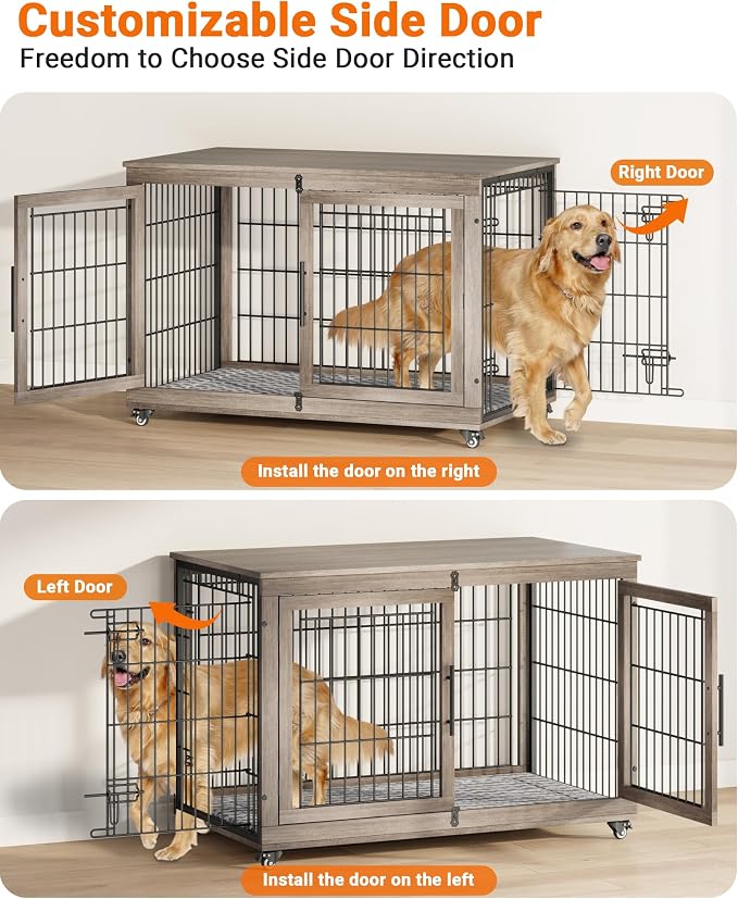 YaFiti Dog Crate Furniture, 44" Wooden Indoor Dog Kennel, Grey | Cushion, Wheels, Double Doors, for Large Dogs, Up to 85 lb, Furniture Style, Side End Table, Decorative Pet Cage House