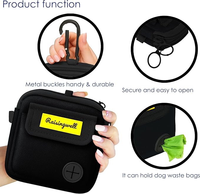 Raisingwell Dog Treat Pouch for Pet Walking and Training with Clicker, Poop Bags, and Three Bags Design Small Fanny Zipper Pack Holder for Puppy Snack Dispenser Kit for Leash and Outdoor Use (Black)