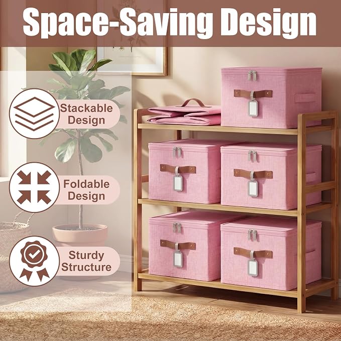 6 Pack Fabric Bins with Lids, 10 x 8 x 7 Inch Fabric Storage Bins with Zipper Lids and Labels, Decorative Foldable Storage Cubes with Handles for Closet Nursery Shelf Organization, Pink