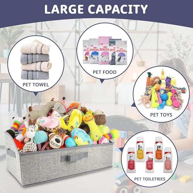 COWOSO Foldable Dog Toy Basket with 3 Handles, Pet Storage Box, Dark Grey | Portable Pet Toy Organizer for Dog Toys & Accessories, Low Front Design, Waterproof Collapsible Storage Bin for Living Room