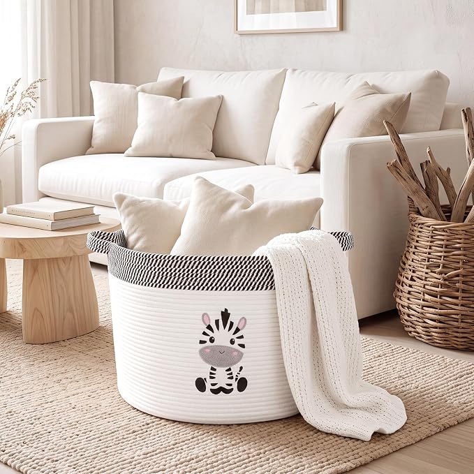 LemonRoad Extra Large Basket 20"x14", Woven Basket for Laundry Blanket Toy Box with Handle Storage, Blanket Storage for Living Room Nursery Pillows Chest(Cotton Rope,Zebra,Brown White)