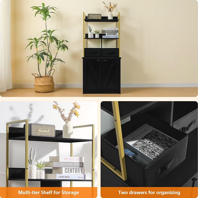 Dwanton Cat Litter Box Enclosure, 2 Storage Shelves and 2 Drawers, 50" H | 2-in-1 Hidden Cat Litter Box Enclosure Furniture with Shelf, Metal Frame, Reversible Entrance, Washable Drawers, Black+Gold