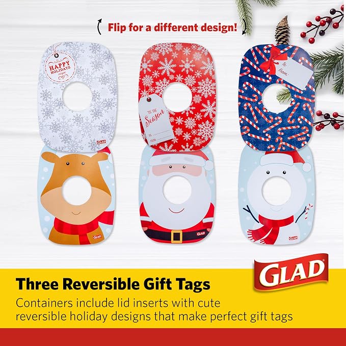 Glad GladWare Holiday Food Storage Containers, Large Rectangle, 48 Oz, 3 Ct | BPA-free plastic, reversible gift tags included, microwave, freezer, and dishwasher safe, 64 oz, gifting
