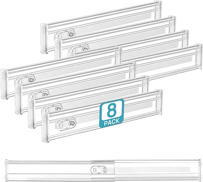 Vtopmart 2.36" Short Upgrade Drawer Dividers 12.8"-22.3" Expandable 8 Pack | Adjustable Kitchen Drawer Organizer, Clear Plastic Separator for Flatware, Utensils, Cutlery, Underwear Storage, Space Saving