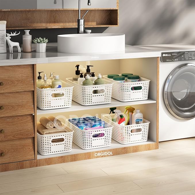 ORGIDOL Plastic Storage Basket with Lids 10 Pack Stackable Storage Bins Containers with Lid, Decorative Storage Boxes for Organizing Shelves, Drawers, Playroom, Classroom, Office, Closet, White