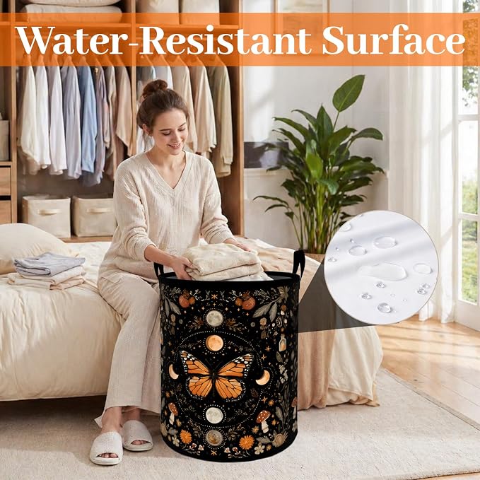 Mystic Butterfly Laundry Basket, Moon Floral Mushroom Oxford Cloth Dirty Clothes Collapsible Hamper for Room Decor, Boho Gifts, Toy Organizer 19.7 x 15.7 Inches for Bedroom Bathroom Dorm