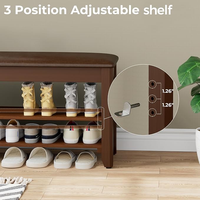 Homleke 47.2" Wide Solid Wood Shoe Rack Bench with Flip-Top Storage | 2-Tier Entryway Bench with Cushion, Adjustable Shelf, Holds Up to 12 Pairs, for Hallway, Bedroom and Closet, Walnut