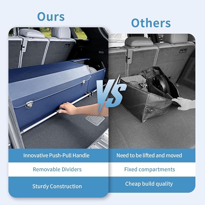 Leather Car Trunk Organizer SUV Trunk Organizer Car Trunk Storage Organizer | Large Trunk Organizer with Lid and Sturdy Handle Car Cargo Storage Box (Blue, 41 x 11.4 x 12.2in)