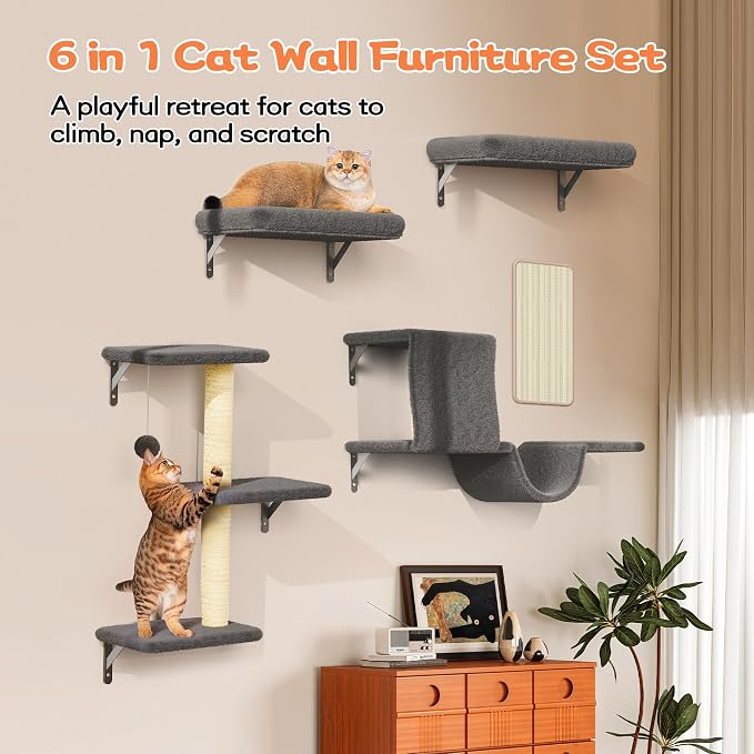 6-in-1 Wall Mounted Cat Climber Set for Heavy Cats,Wall Shelves,Stable & Safe Cat Furniture Set for Large Cats, Wooden Climbing Wall with Scratching Post (Black)