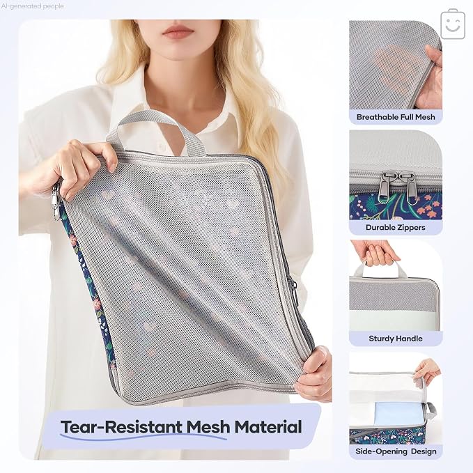 Veken 11 Set Compression Seting Cubes Garment Bags for Travel Essentials,Compressible Expandable Luggage Organizer Bags for Clothing,Space Saver Bags with Over 99 pcs of Mesh Holes(Dark Blue Floral)