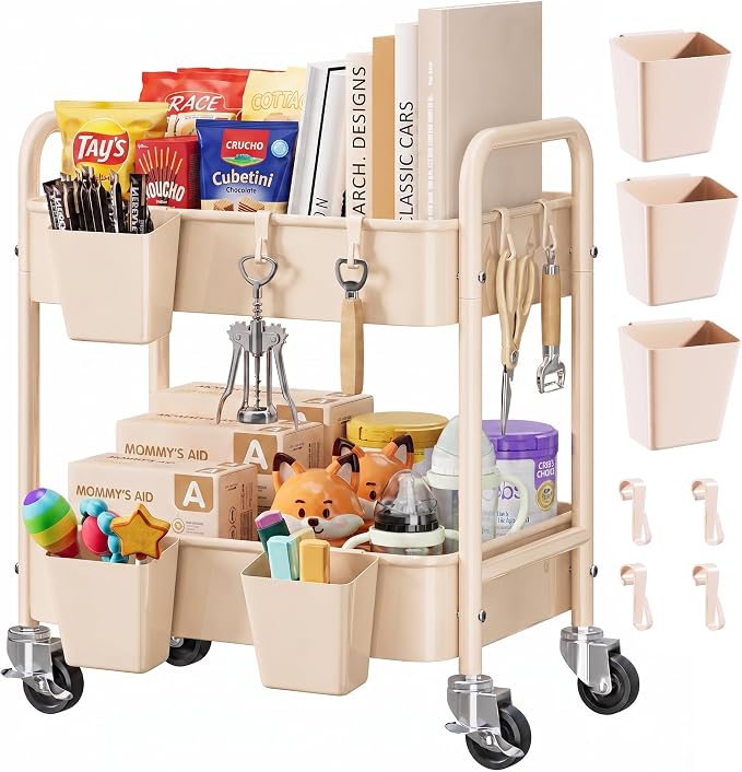 2 Tier Small Rolling Cart Metal with Wheels, Beige Under Desk/Table Storage Carts on Wheels, Short Utility Roller Caddy Organizer for Art, Craft, Pantry, Bathroom, Two Tiered Shelf Trolley, 22In Tall