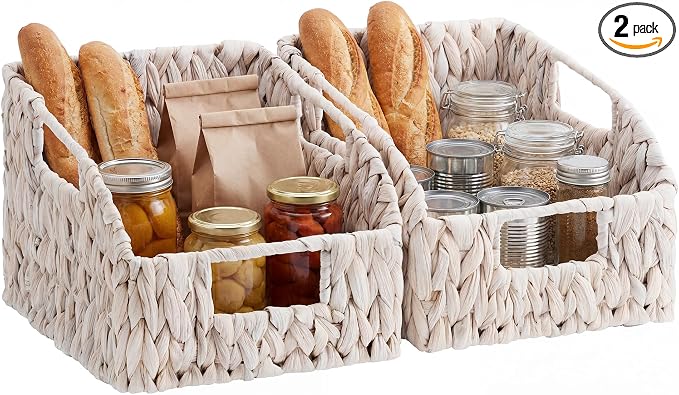 StorageWorks Pantry Baskets for Organizing, White Wicker Baskets, 2-Pack | Water Hyacinth Pantry Baskets for Organizing, Wicker Baskets with Handles, Woven Baskets for Pantry Storage, White Baskets